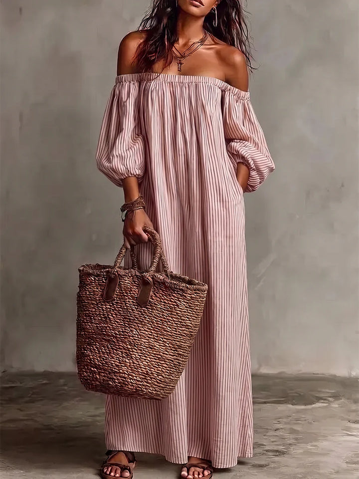 Vestido Midi Plus Size Hombros Descubiertos A Rayas