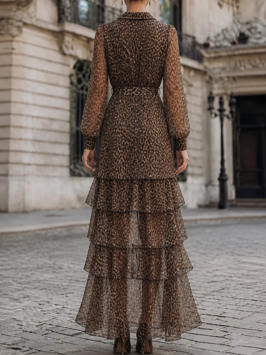 Vestido Maxi Transparente Con Volantes, Estampado Leopardo, Manga Larga Asimétrica Y Escote En V