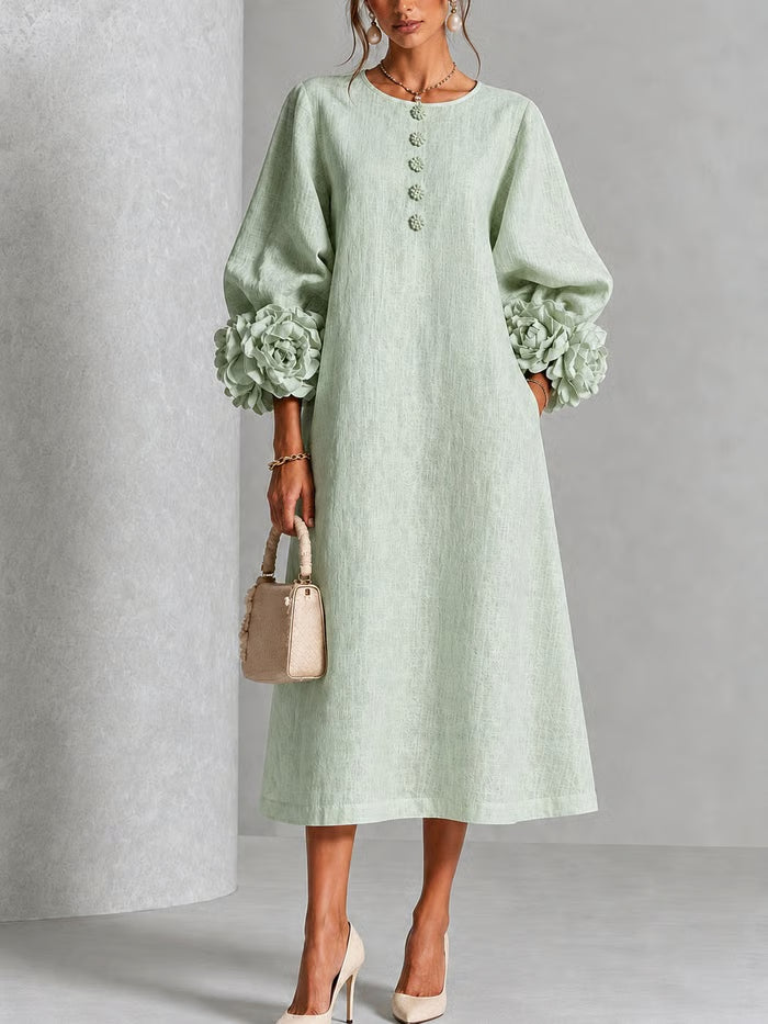 Vestido Midi Floral Con Puños 3d Y Botones Decorativos Y Bolsillos