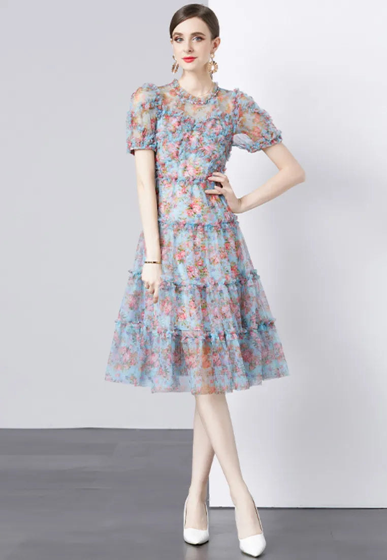 Vestido Midi Floral Azul com Mangas Abufantes e Folhos