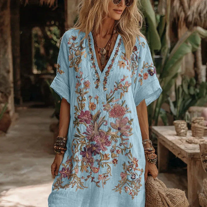 Vestido Midi Cómodo Con Cuello En V Y Bordado Floral Para Mujer