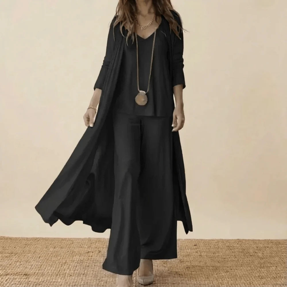 CONJUNTO DE TRÊS PEÇAS FEMININO COM CARDIGÃ COMPRIDO E CALÇAS LARGAS A COMBINAR