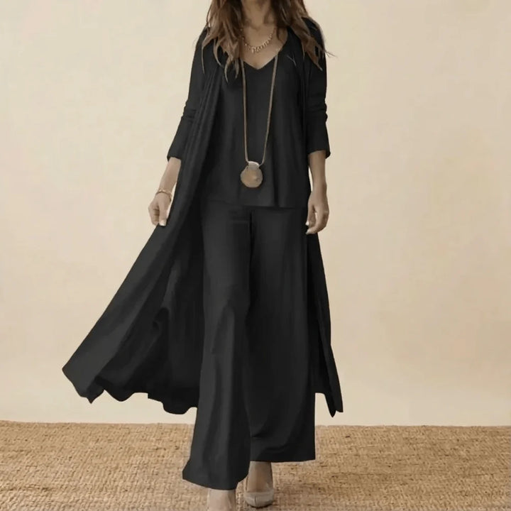CONJUNTO DE TRÊS PEÇAS FEMININO COM CARDIGÃ COMPRIDO E CALÇAS LARGAS A COMBINAR