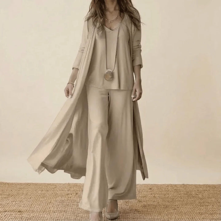 CONJUNTO DE TRÊS PEÇAS FEMININO COM CARDIGÃ COMPRIDO E CALÇAS LARGAS A COMBINAR