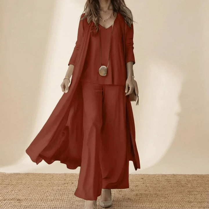CONJUNTO DE TRÊS PEÇAS FEMININO COM CARDIGÃ COMPRIDO E CALÇAS LARGAS A COMBINAR