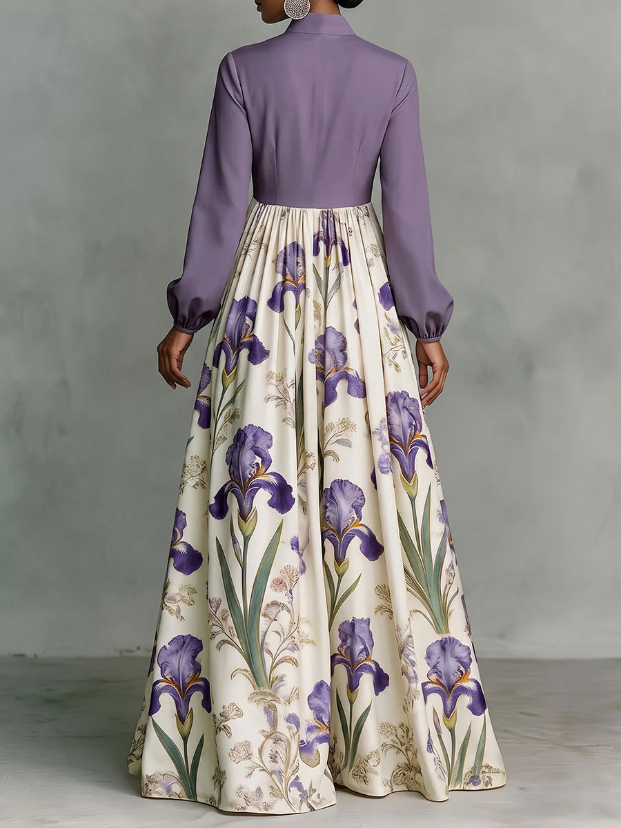 VESTIDO MAXI DE CINTURA ALTA EM A COM ESTAMPADO FLORAL, CONTRASTE DE CORES, BOTÕES, BOLSOS E DRAPEADO - GOLA MAO
