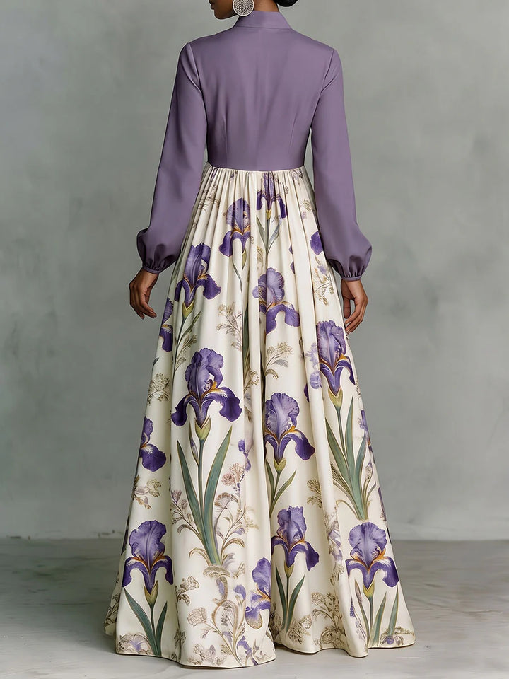 VESTIDO MAXI DE CINTURA ALTA EM A COM ESTAMPADO FLORAL, CONTRASTE DE CORES, BOTÕES, BOLSOS E DRAPEADO - GOLA MAO