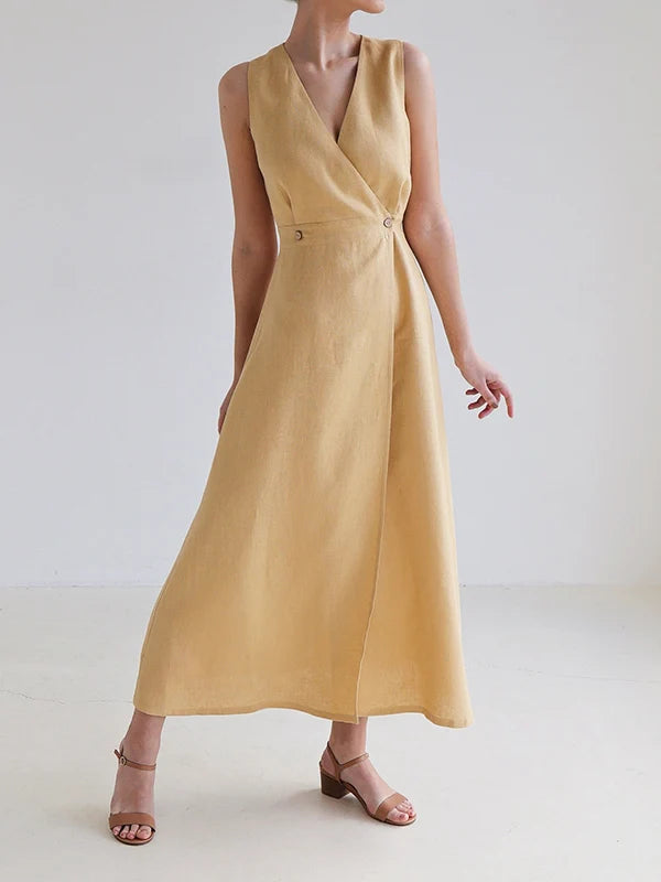 VESTIDO MAXI HOLGADO SIN MANGAS CON ESCOTE EN V Y ABERTURA FRONTAL - LINO Y ALGODON