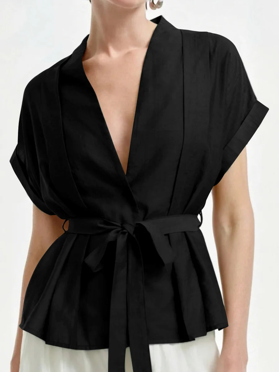 Blusa Solta De Manga Curta Com Botões, Cintura Atada E Decote Em V Em Cor Sólida