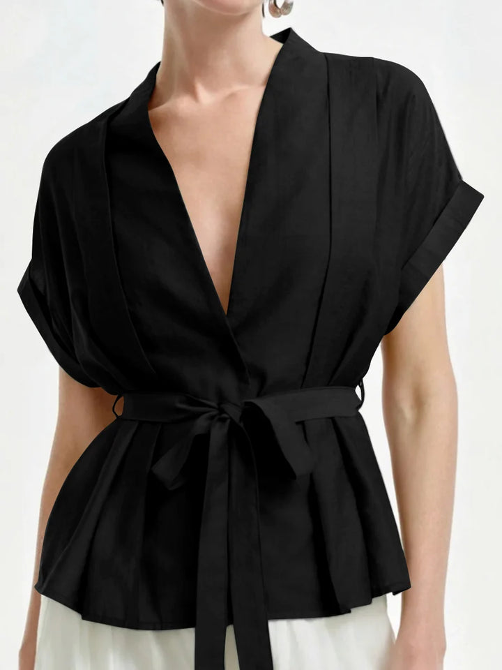 Blusa Solta De Manga Curta Com Botões, Cintura Atada E Decote Em V Em Cor Sólida