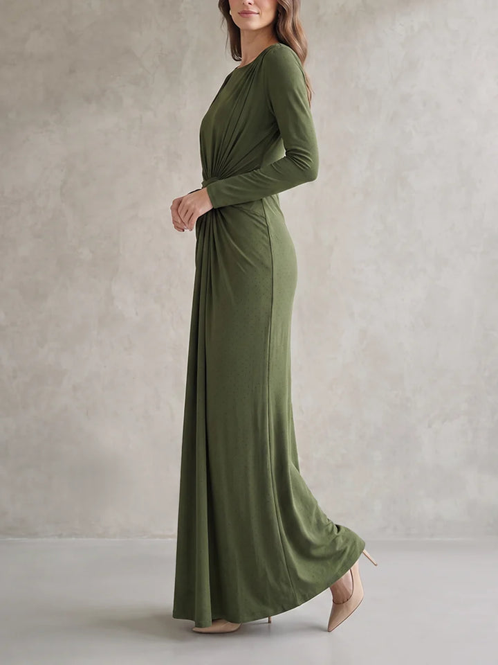Vestido Maxi Ajustado Con Nudo Y Cuello Redondo En Color Sólido