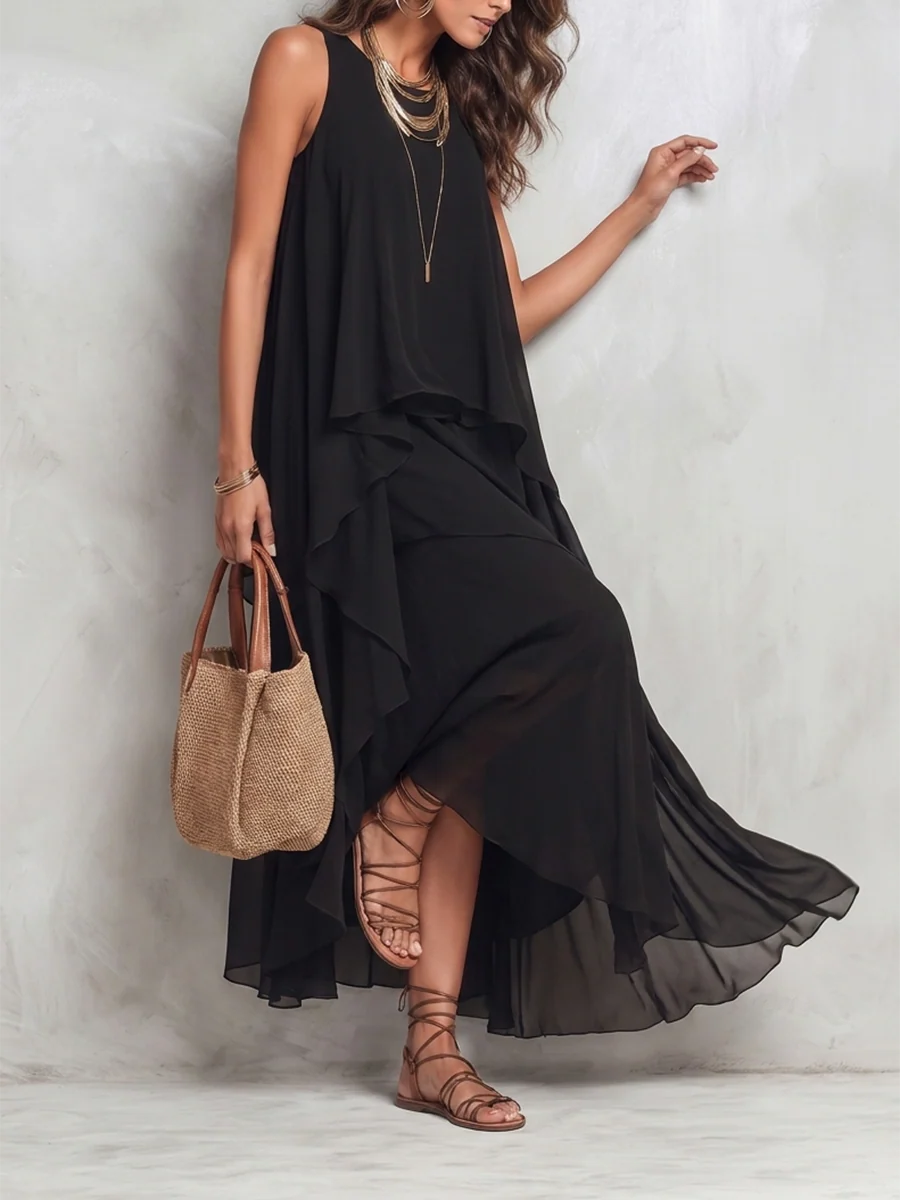 Vestido Maxi Holgado Línea A Con Capas Y Cuello Redondo En Gasa