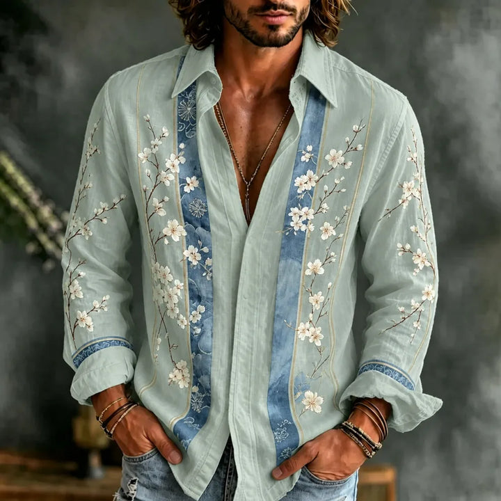 Men's Retro Boho Striped Color Block Shirt - Japanese Cherry Blossom Print Long Sleeve