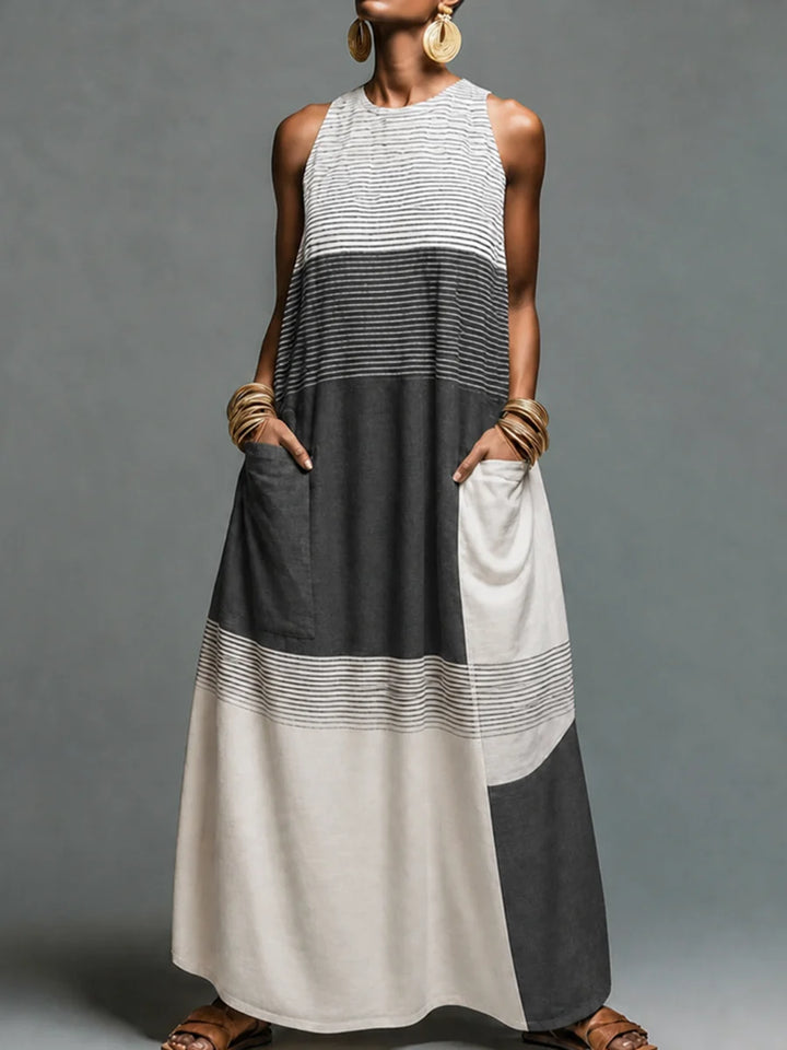 Vestido Maxi Sin Mangas Con Cuello Redondo, Estampado De Rayas, Bolsillos Y Color Contrastante