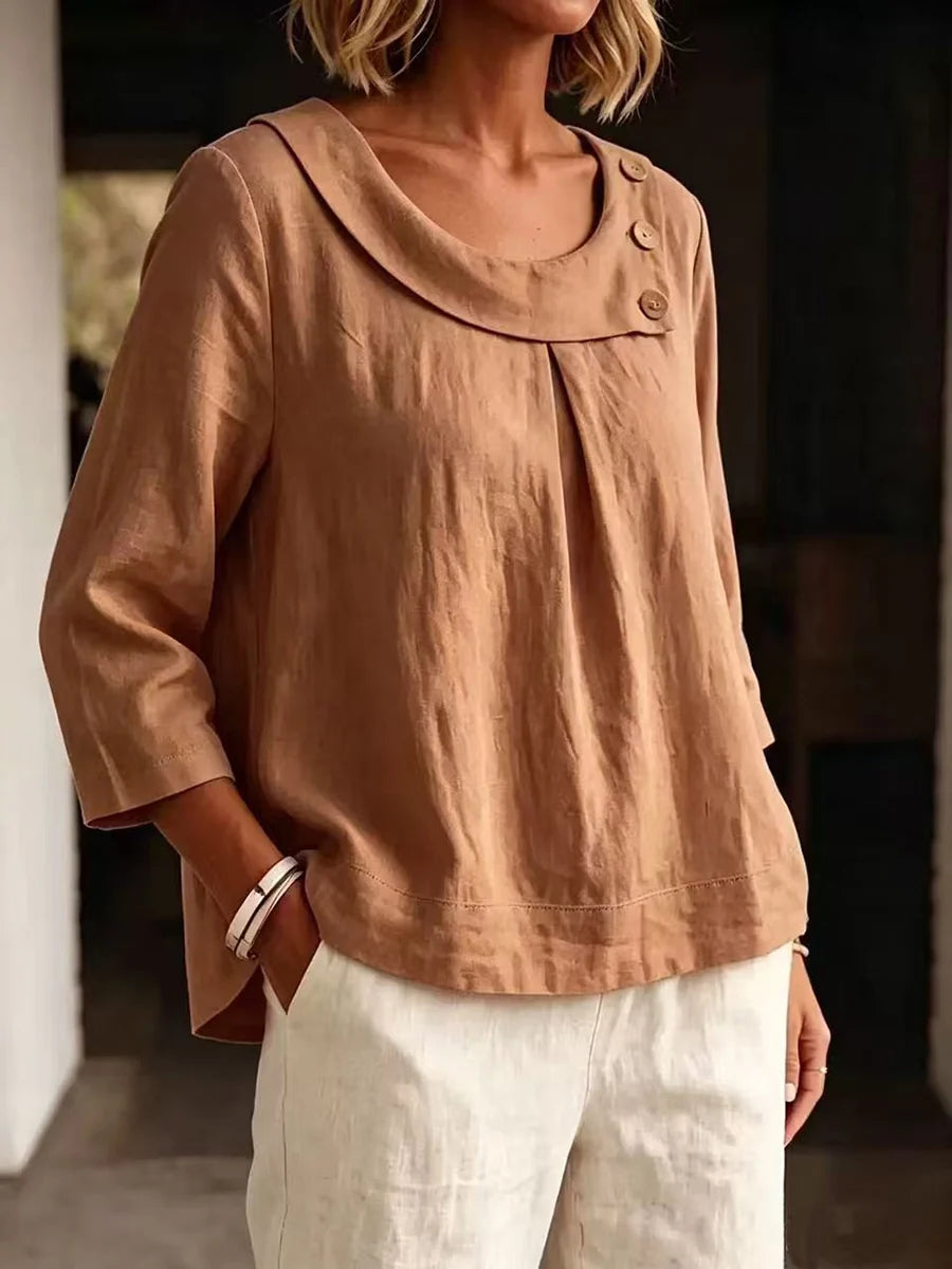Blusa Asimétrica Plisada Con Botones Y Escote En U En Color Sólido