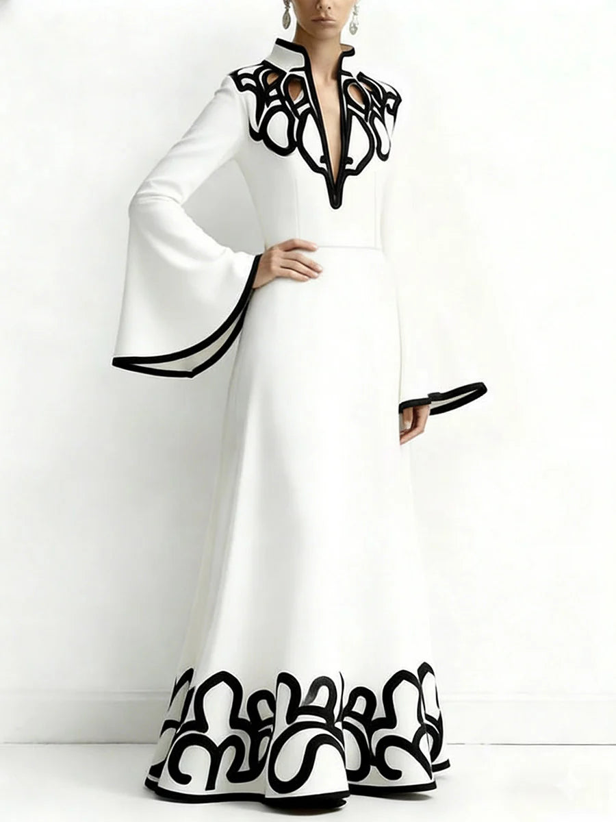 VESTIDO COMPRIDO GOLA ALTA EM A MANGA COMPRIDA ESTAMPADO ABSTRATO COR CONTRASTE