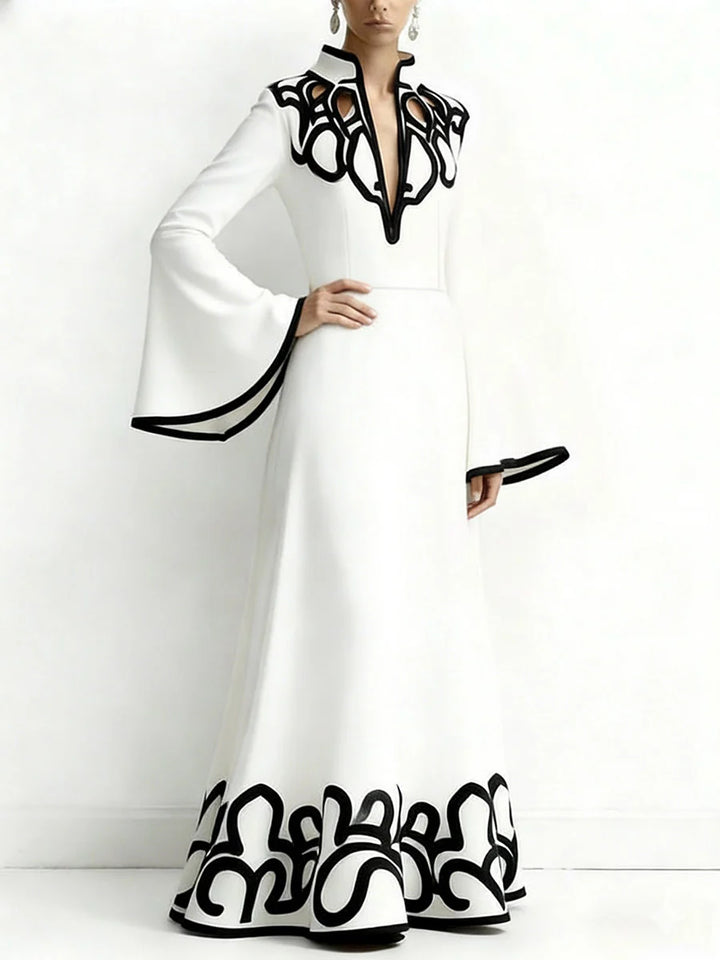 VESTIDO COMPRIDO GOLA ALTA EM A MANGA COMPRIDA ESTAMPADO ABSTRATO COR CONTRASTE