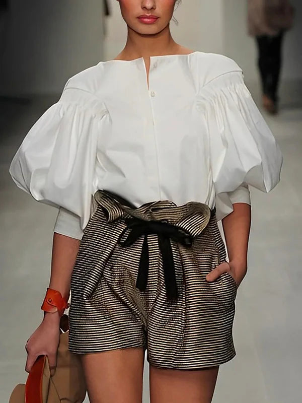 Puff Sleeve Button-Up Blouse - Solid Colors