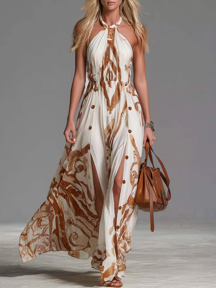 VESTIDO MAXI BOHEMIO VINTAGE CON CUELLO HALTER, ESTAMPADO WESTERN Y ABERTURA EN CHIFÓN BLANCO ROTO