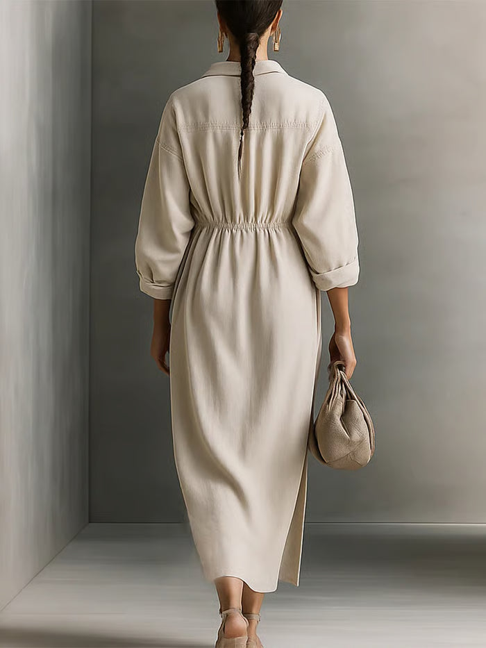 VESTIDO MIDI BEIGE HOLGADO CON ESCOTE EN V ABIERTO Y FRUNCIDO EN CINTURA