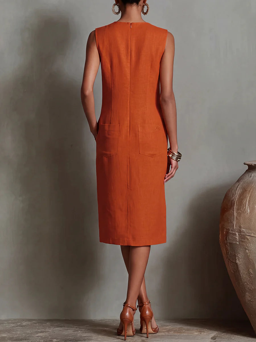 VESTIDO MIDI LARGO SEM MANGAS SOLTO COM BOLSOS E LISO - GOLA REDONDA