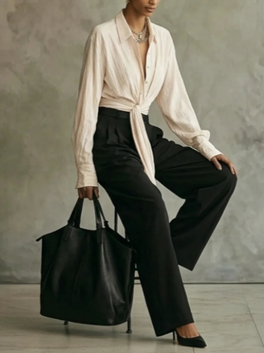 Conjunto Dos Piezas Pantalón Y Blusa Color Sólido Manga Larga Con Solapa Pata Ancha Y Cinturón