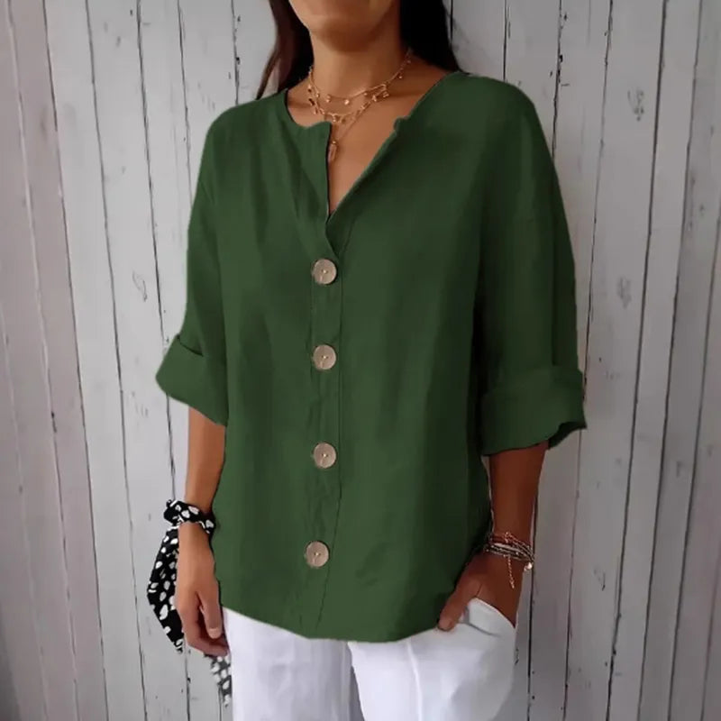 Camisa casual de mezcla de lino con botones en color liso
