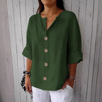 Camisa casual de mezcla de lino con botones en color liso