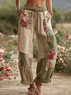 PANTALONES DE LINO RETRO CON PATCHWORK DE ROSAS Y FLORES COLECCIÓN LOVE & HEALTH