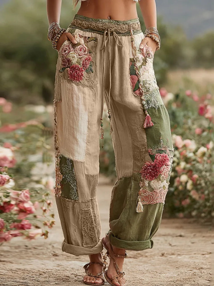 PANTALONES DE LINO RETRO CON PATCHWORK DE ROSAS Y FLORES COLECCIÓN LOVE & HEALTH