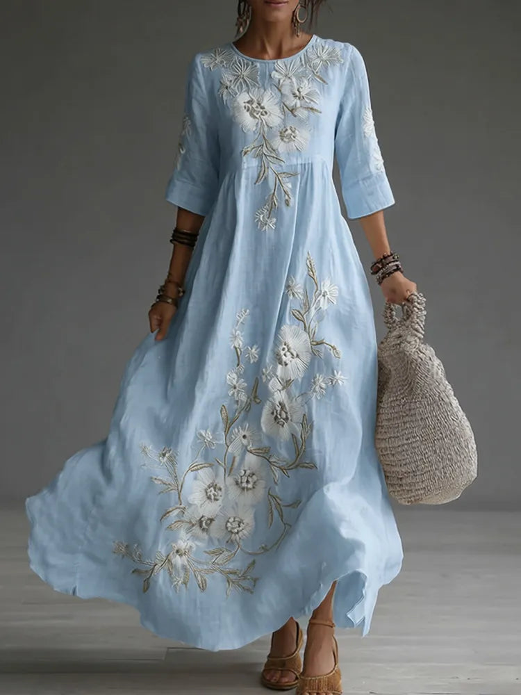 Vestido Maxi de Linho Casual com Bordado Floral Japonês