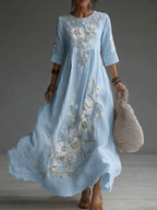 Vestido maxi de lino casual con bordado floral japonés
