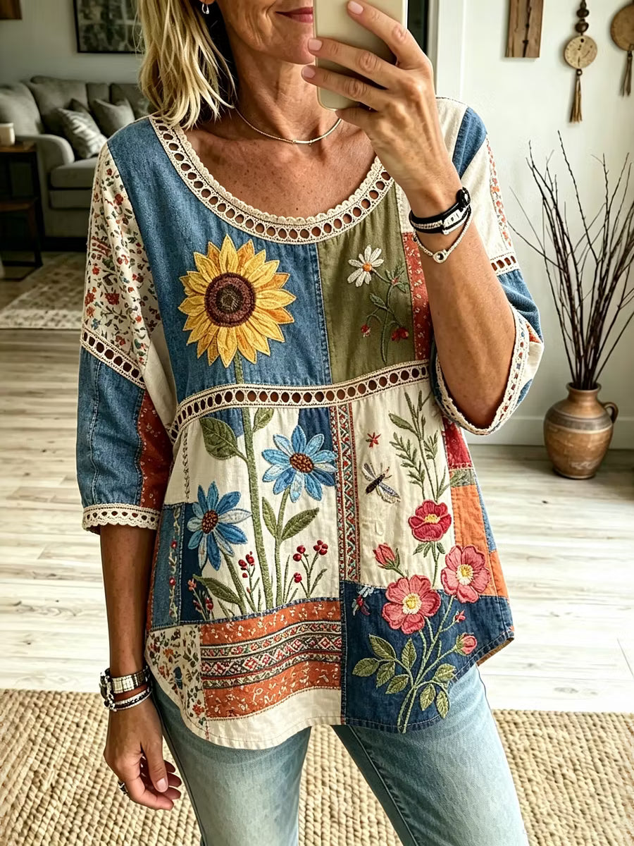 T-shirt Casual com Estampado Floral Boémio