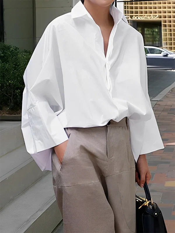 Blusa De Manga Larga Suelta Con Cuello Solapa - Colores Lisos