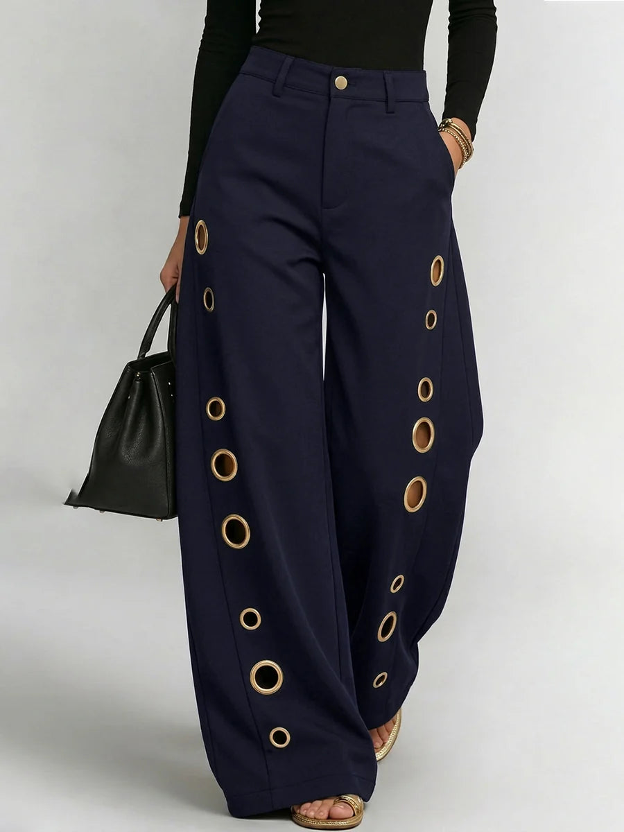 Pantalón De Pernera Ancha Cintura Alta Con Botones, Calado, Bolsillos Y Empalme - Color Liso