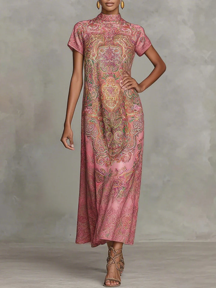 Vestido Maxi Holgado De Manga Corta Con Estampado Floral En Contraste Y Cuello Simulado