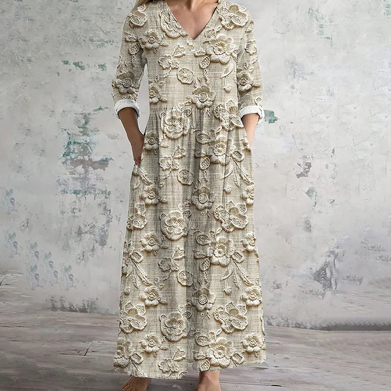Vestido Largo Cómodo de Lino con Arte Floral Vintage