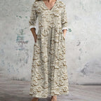 Vestido Largo Cómodo de Lino con Arte Floral Vintage