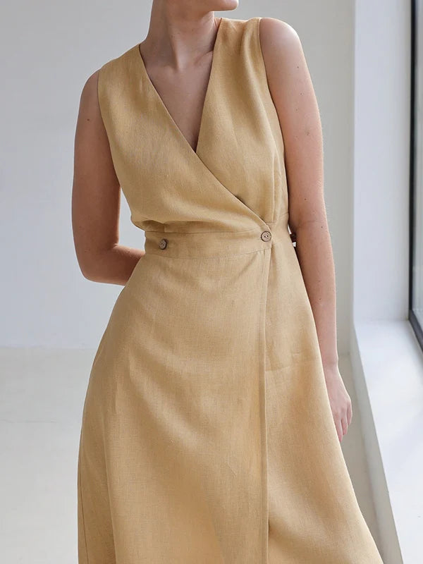 VESTIDO MAXI HOLGADO SIN MANGAS CON ESCOTE EN V Y ABERTURA FRONTAL - LINO Y ALGODON