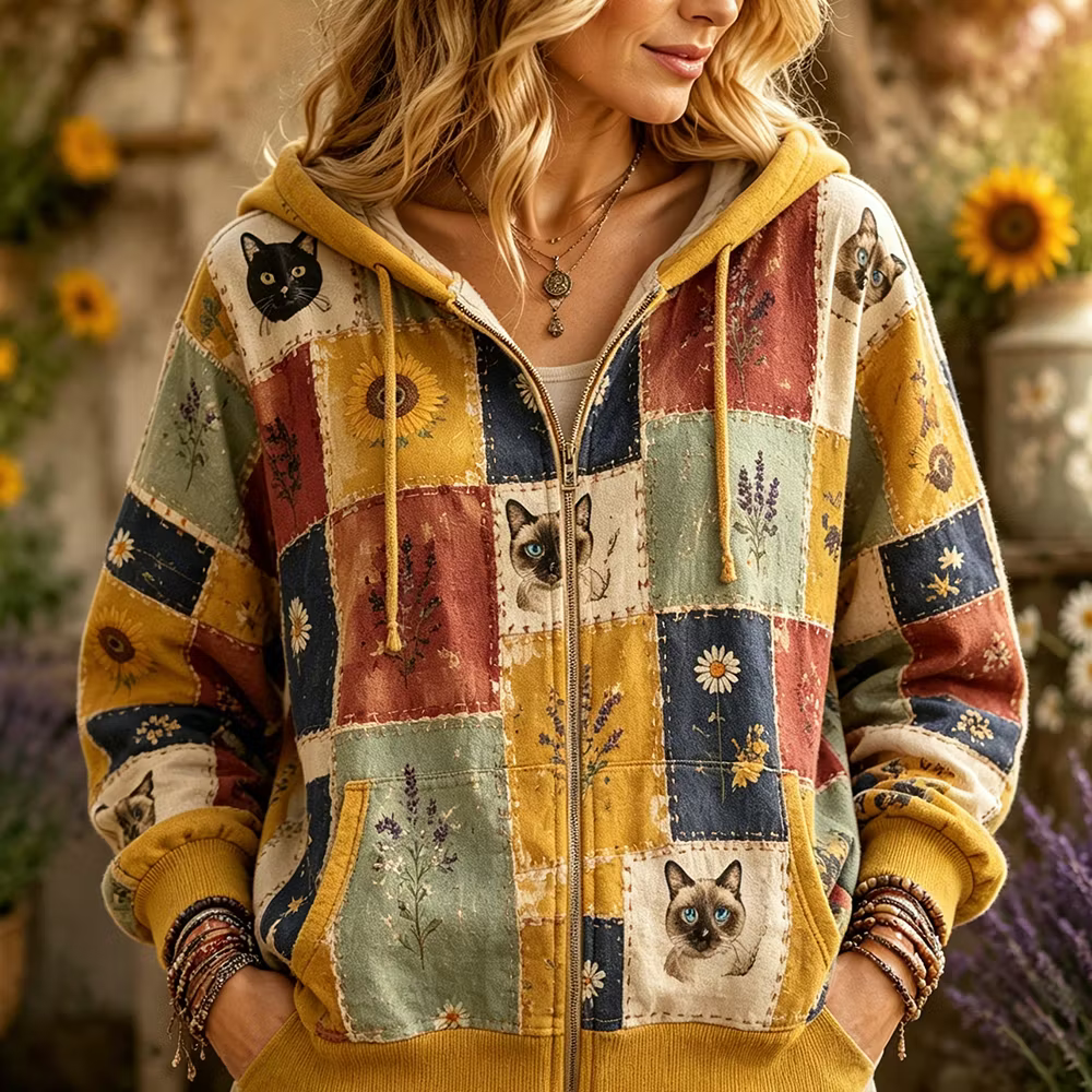 Vintage Hoodie - Sunflower Lavender Cat Patchwork Print Full Zip