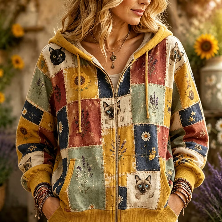 Vintage Hoodie - Sunflower Lavender Cat Patchwork Print Full Zip