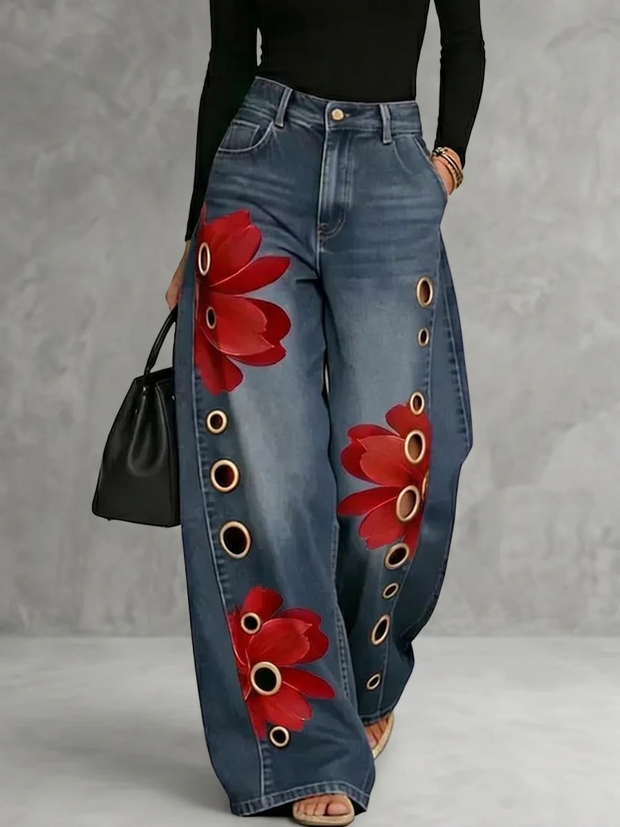 Pantalones vaqueros cintura alta pernera ancha floral abotonado bolsillos calados