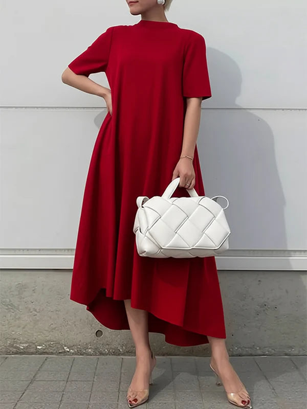 Vestido Maxi Manga Corta Color Sólido Asimétrico Alto-bajo