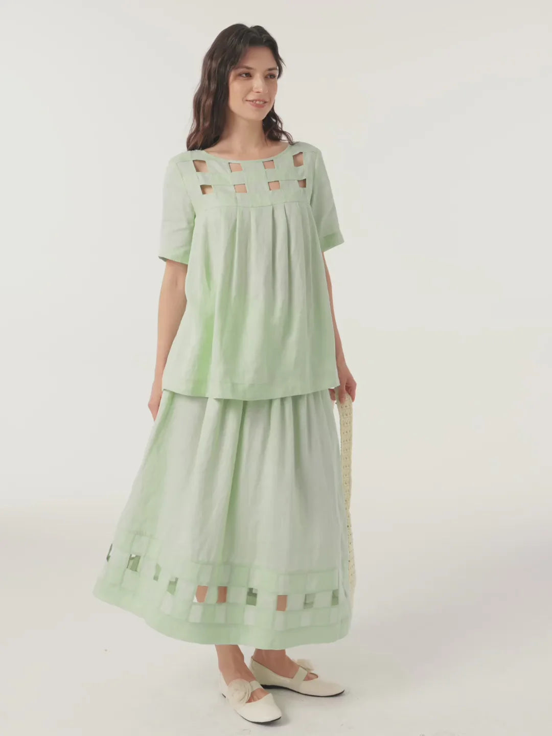 Alinah - Falda Midi De Lino Con Dobladillo De Rejilla Tejida A Mano Y Cintura Elástica