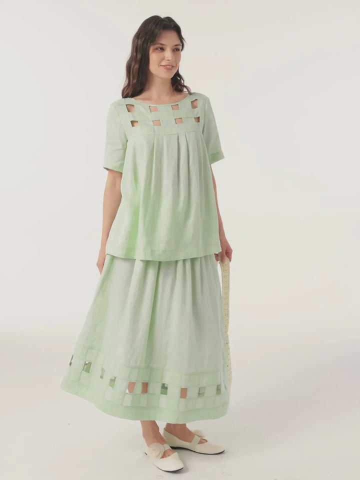 Alinah - Falda Midi De Lino Con Dobladillo De Rejilla Tejida A Mano Y Cintura Elástica