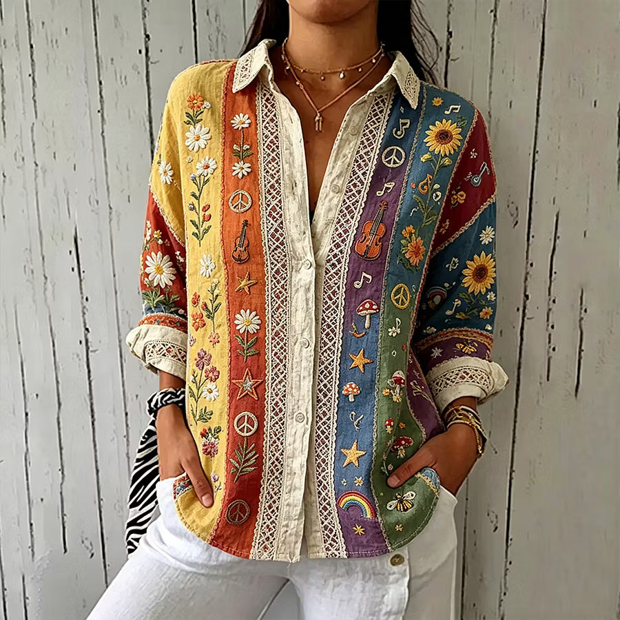 Camisa Casual de Algodão e Linho com Padrão Hippie Patchwork de Plantas, Flores e Música