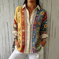 Camisa casual de algodón y lino con estampado hippie patchwork de plantas, flores y música