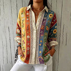 Camisa casual de algodón y lino con estampado hippie patchwork de plantas, flores y música