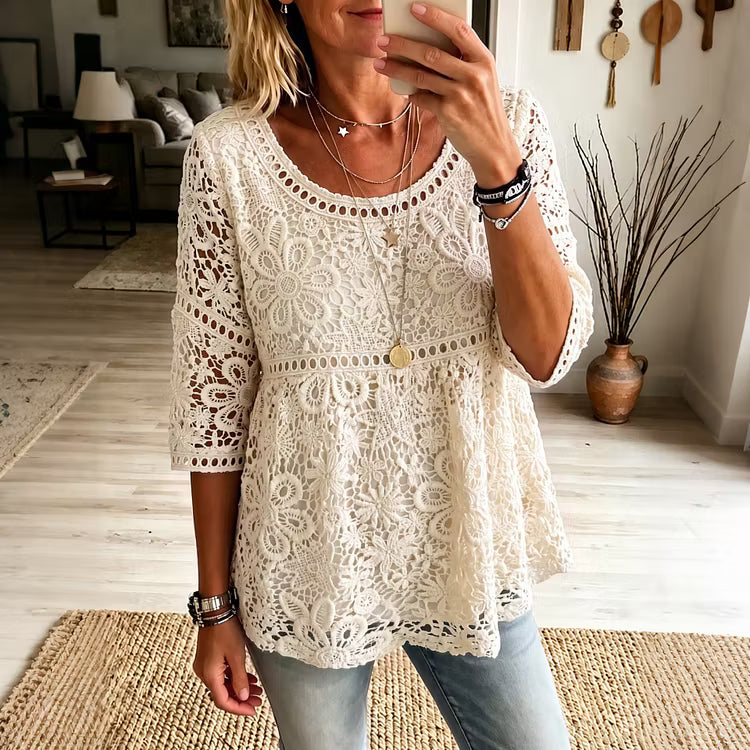 Blusa Casual Manga 3/4 Com Padrão De Renda Bordada Vintage Em Algodão