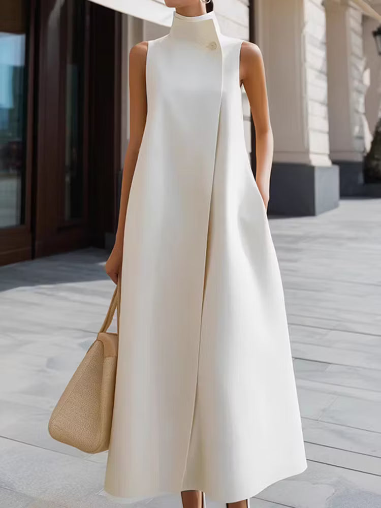 Vestido Midi Elegante Sin Mangas Con Cuello Mao Y Color Sólido